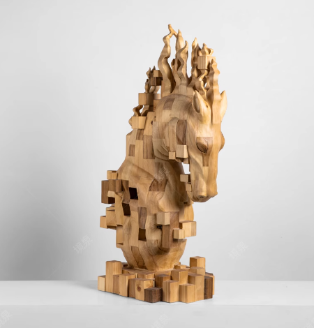 Abstract Pixelated Horse Head Sculpture: Wooden Art Installation Décor Piece