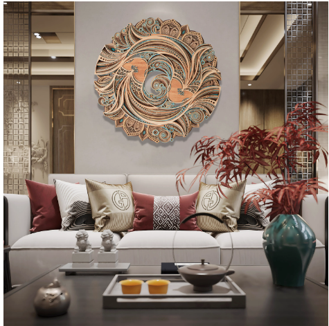 Circular wall decoration with stacked wooden carvings in a new Chinese style, ideal for adorning the living room or dining room background wall.