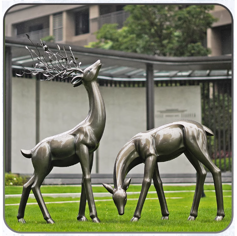 Outdoor abstract imitation bronze deer sculpture, made of fiberglass, suitable for landscape decoration.