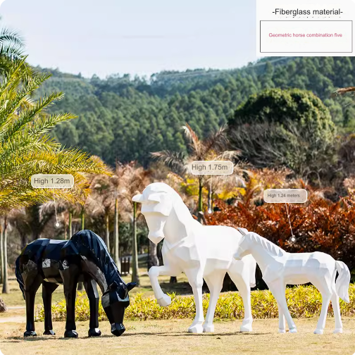 Outdoor large-scale geometric white horse fiberglass sculpture, realistic animal model decoration ornament.