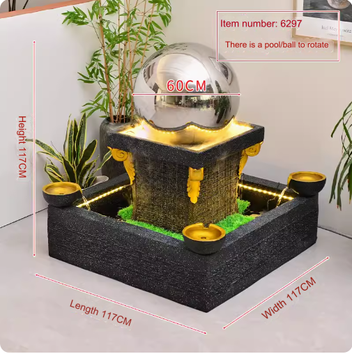 Large rotating sphere water feature, European-style home courtyard fish pond landscape decoration, foyer rotating ball fountain.