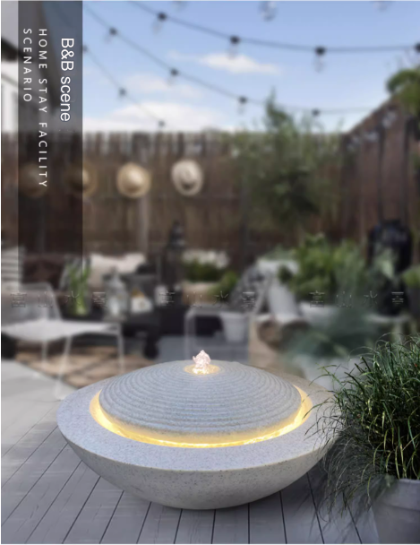 Garden water fountain feature, modern and simple home decoration, brings wealth and prosperity, crafted from decorative stones, resembling a treasure basin.