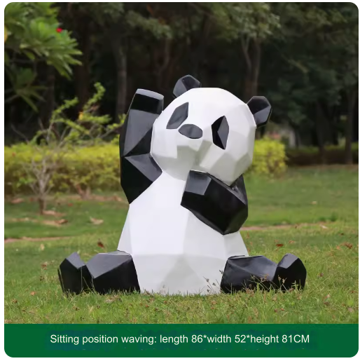 Fiberglass painted panda sculpture, outdoor lawn decoration with geometric animal design.