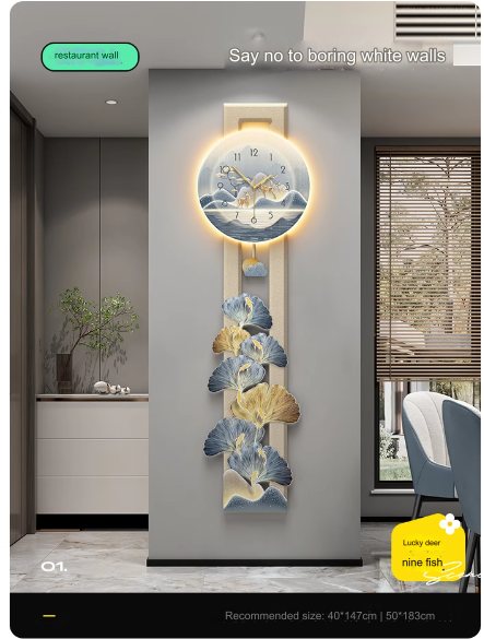 Luxurious entryway decor with a nine-fish painting and clock wall hanging.