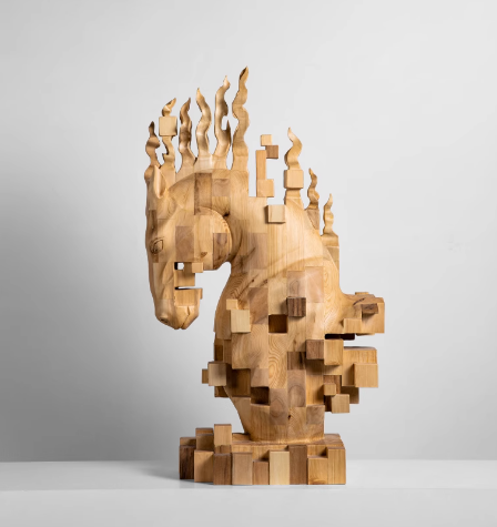 Abstract Pixelated Horse Head Sculpture: Wooden Art Installation Décor Piece