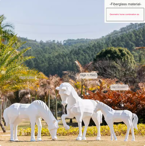 Outdoor large-scale geometric white horse fiberglass sculpture, realistic animal model decoration ornament.