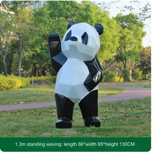 Fiberglass painted panda sculpture, outdoor lawn decoration with geometric animal design.