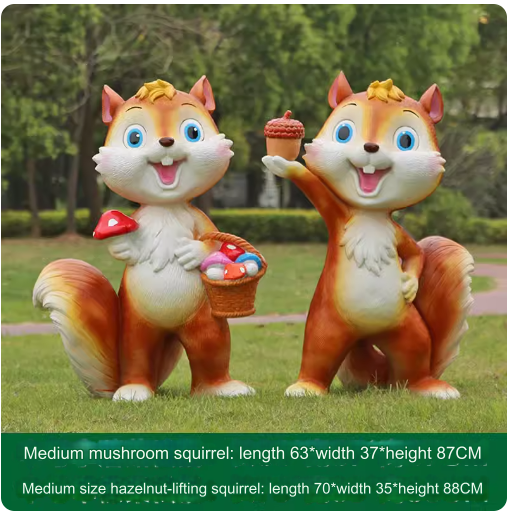 Fiberglass material, environmentally friendly and harmless, suitable for outdoor use, designed as a cartoon squirrel sculpture for lawn decoration in parks.