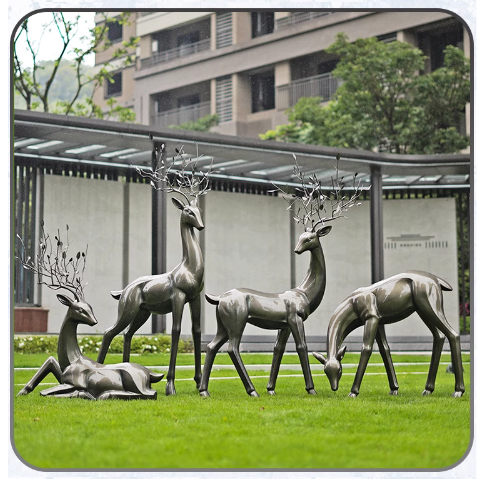 Outdoor abstract imitation bronze deer sculpture, made of fiberglass, suitable for landscape decoration.