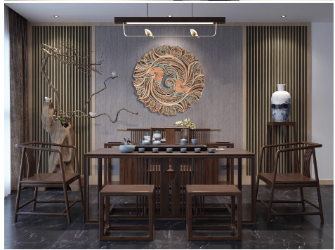 Circular wall decoration with stacked wooden carvings in a new Chinese style, ideal for adorning the living room or dining room background wall.