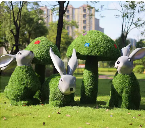 "Outdoor Garden Landscape: Simulated Green Snail Glass Fiber Sculpture Grass Mat Mushroom Rabbit Ornament Decoration"