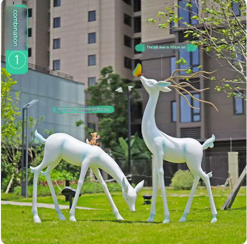 Crafted from fiberglass, these abstract white deer sculptures serve as stunning outdoor decorative pieces, perfect for enhancing the aesthetic appeal of parks, lawns, and gardens.