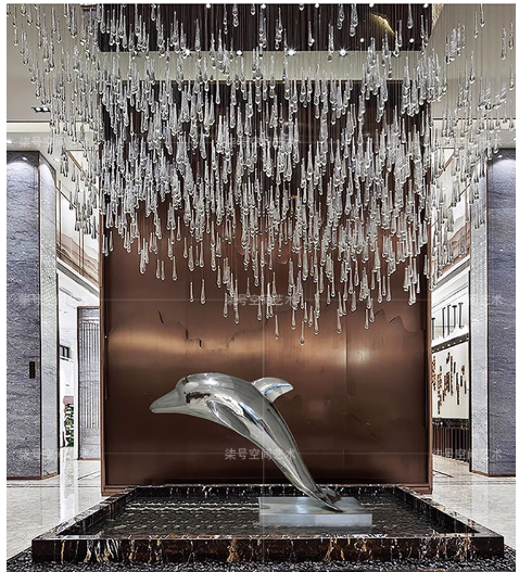 Stainless steel simulated dolphin fish sculpture, suitable for outdoor pool landscaping decoration, large floor-standing ornament.