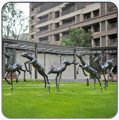 Outdoor abstract imitation bronze deer sculpture, made of fiberglass, suitable for landscape decoration.