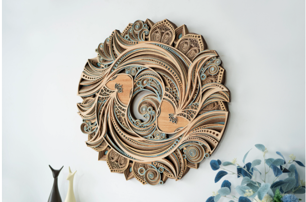 Circular wall decoration with stacked wooden carvings in a new Chinese style, ideal for adorning the living room or dining room background wall.