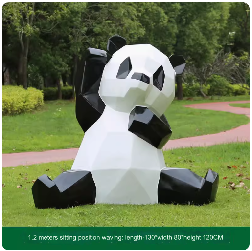 Fiberglass painted panda sculpture, outdoor lawn decoration with geometric animal design.