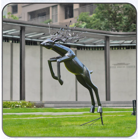 Outdoor abstract imitation bronze deer sculpture, made of fiberglass, suitable for landscape decoration.