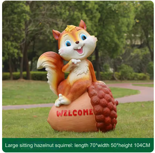 Fiberglass material, environmentally friendly and harmless, suitable for outdoor use, designed as a cartoon squirrel sculpture for lawn decoration in parks.