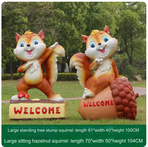 Fiberglass material, environmentally friendly and harmless, suitable for outdoor use, designed as a cartoon squirrel sculpture for lawn decoration in parks.