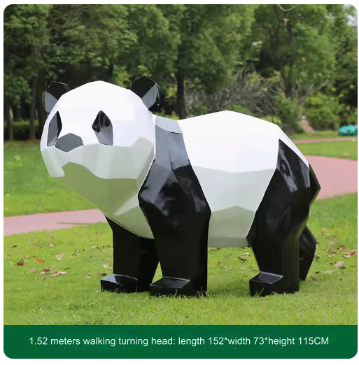 Fiberglass painted panda sculpture, outdoor lawn decoration with geometric animal design.