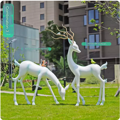 Crafted from fiberglass, these abstract white deer sculptures serve as stunning outdoor decorative pieces, perfect for enhancing the aesthetic appeal of parks, lawns, and gardens.