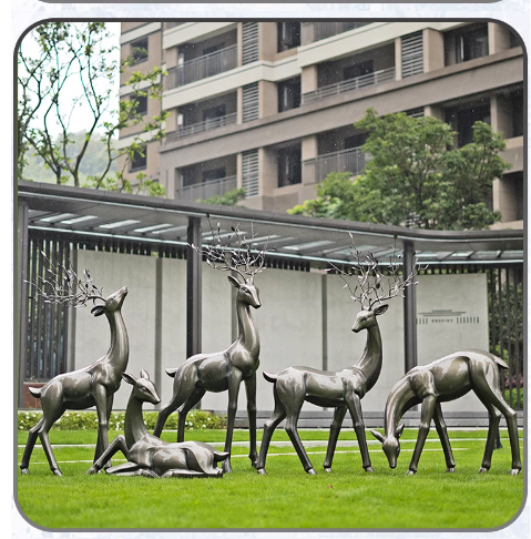 Outdoor abstract imitation bronze deer sculpture, made of fiberglass, suitable for landscape decoration.