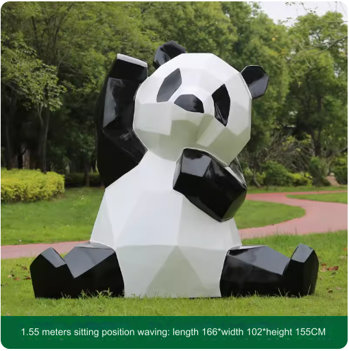 Fiberglass painted panda sculpture, outdoor lawn decoration with geometric animal design.