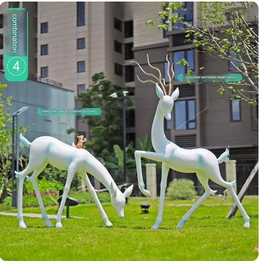 Crafted from fiberglass, these abstract white deer sculptures serve as stunning outdoor decorative pieces, perfect for enhancing the aesthetic appeal of parks, lawns, and gardens.