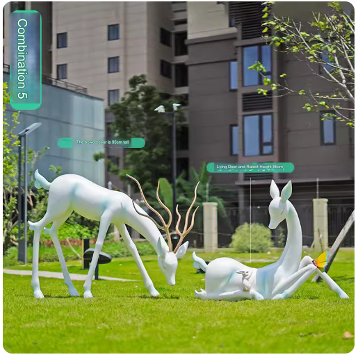 Crafted from fiberglass, these abstract white deer sculptures serve as stunning outdoor decorative pieces, perfect for enhancing the aesthetic appeal of parks, lawns, and gardens.