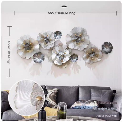 French-style luxury iron wall decor, suitable for living room sofa background wall, featuring three-dimensional flower ornaments, creative bed head wall hanging.