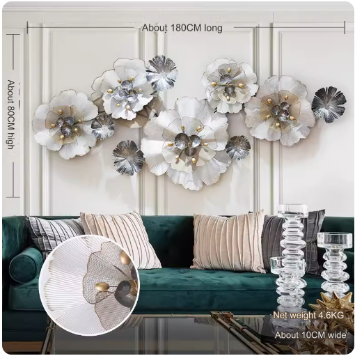 French-style luxury iron wall decor, suitable for living room sofa background wall, featuring three-dimensional flower ornaments, creative bed head wall hanging.