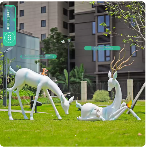 Crafted from fiberglass, these abstract white deer sculptures serve as stunning outdoor decorative pieces, perfect for enhancing the aesthetic appeal of parks, lawns, and gardens.