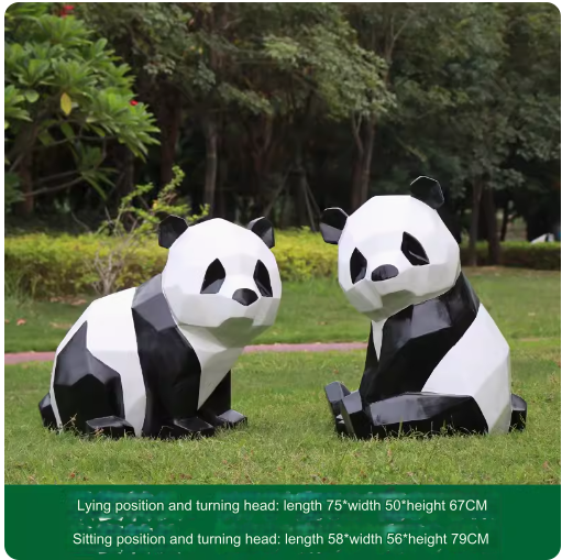 Fiberglass painted panda sculpture, outdoor lawn decoration with geometric animal design.