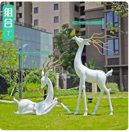 Crafted from fiberglass, these abstract white deer sculptures serve as stunning outdoor decorative pieces, perfect for enhancing the aesthetic appeal of parks, lawns, and gardens.