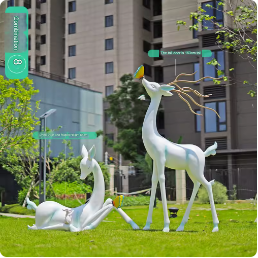 Crafted from fiberglass, these abstract white deer sculptures serve as stunning outdoor decorative pieces, perfect for enhancing the aesthetic appeal of parks, lawns, and gardens.