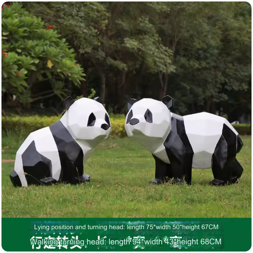 Fiberglass painted panda sculpture, outdoor lawn decoration with geometric animal design.