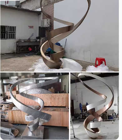 Stainless Steel Ribbon Sculpture, Abstract Artistic Design, Luxury Decoration, Large-Scale Statement Piece, Customizable Spiral Irregular Shape.