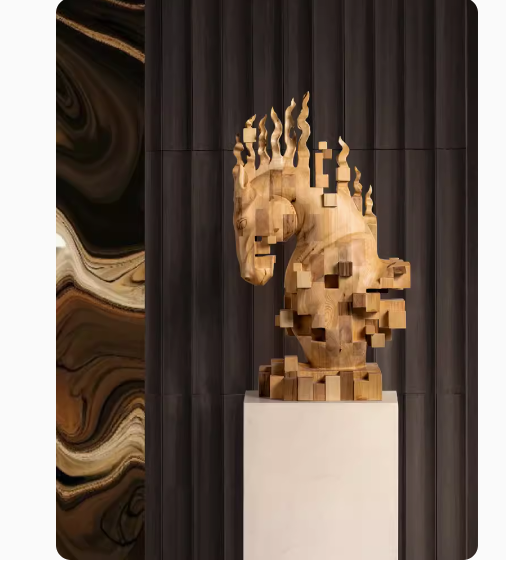 Abstract Pixelated Horse Head Sculpture: Wooden Art Installation Décor Piece