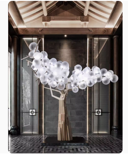 Interior landscape transparent tree ball lamp art installation, large floor decoration for hall landscaping.