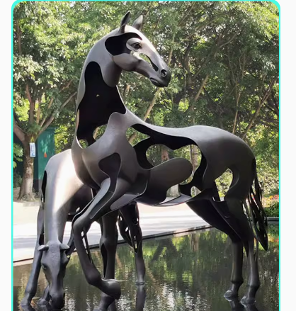 Custom-made stainless steel horse sculpture, designed for large courtyard spaces, featuring intricate metal hollowing and outdoor artistic animal figurines.