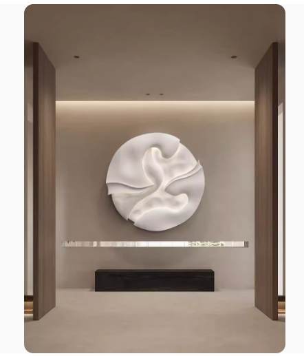 Living room, corridor, and hallway foyer decorative painting with illuminated three-dimensional wood carving art, exuding a sense of luxury and sophistication, featuring a round shape.