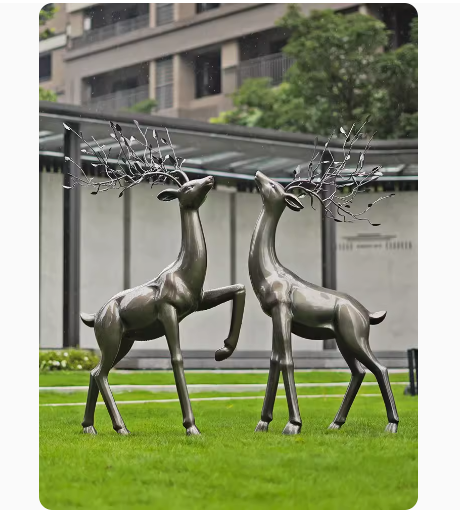 Outdoor abstract imitation bronze deer sculpture, made of fiberglass, suitable for landscape decoration.