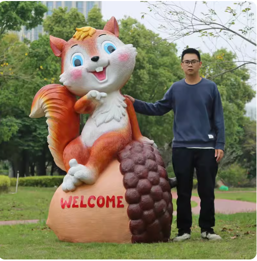 Fiberglass material, environmentally friendly and harmless, suitable for outdoor use, designed as a cartoon squirrel sculpture for lawn decoration in parks.