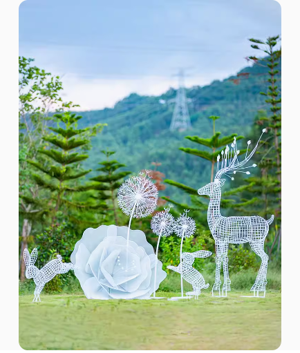 This stainless steel hollow-out sculpture features a graceful deer amidst blooming dandelions, adding a touch of elegance to any outdoor space.