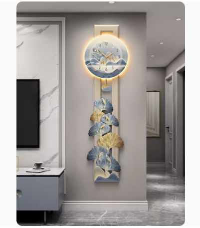 Luxurious entryway decor with a nine-fish painting and clock wall hanging.