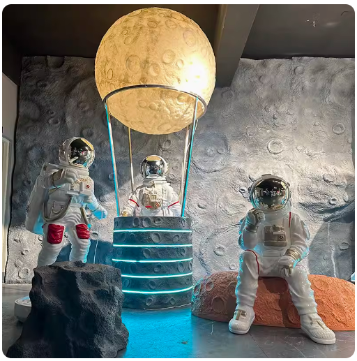 Fiberglass Astronaut Large Ornament, Space Man Sculpture in Seated Position, Popular for Shop Decoration with Illumination, Suitable for Outdoor Use.