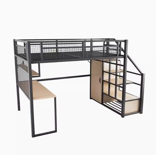 Iron Art High Loft Bed with Upper Bunk for Small Apartments, Double Decker Bed with Desk Below, Duplex Second Floor Bed, Space-saving Loft Iron Frame Bed