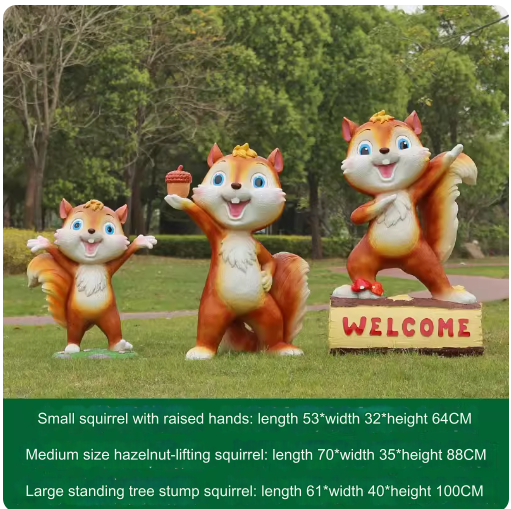 Fiberglass material, environmentally friendly and harmless, suitable for outdoor use, designed as a cartoon squirrel sculpture for lawn decoration in parks.