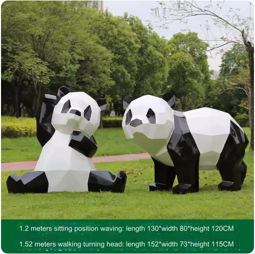 Fiberglass painted panda sculpture, outdoor lawn decoration with geometric animal design.