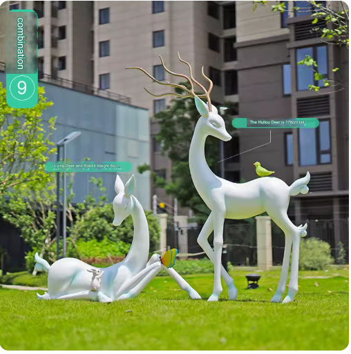 Crafted from fiberglass, these abstract white deer sculptures serve as stunning outdoor decorative pieces, perfect for enhancing the aesthetic appeal of parks, lawns, and gardens.